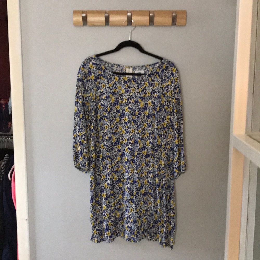 3/4 sleeve blue and yellow floral sheath dress